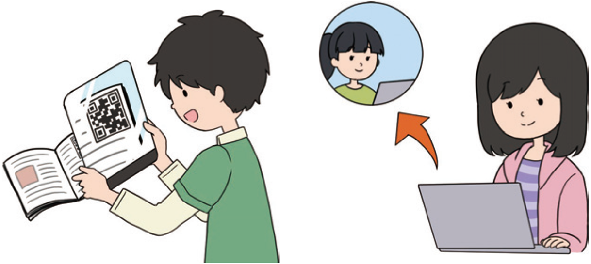 タブレットで写真を撮る子供のイラスト オンラインビデオ通話をする子供のイラスト