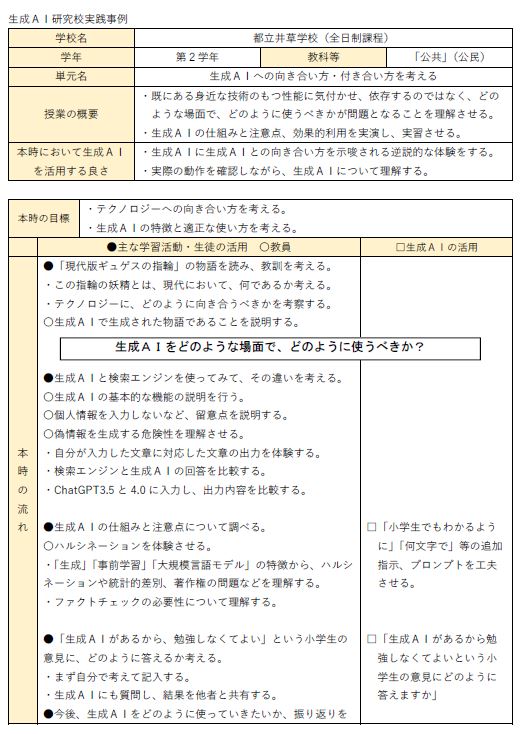 生成ＡＩへの向き合い方・付き合い方を考える（都立井草学校・公共）
