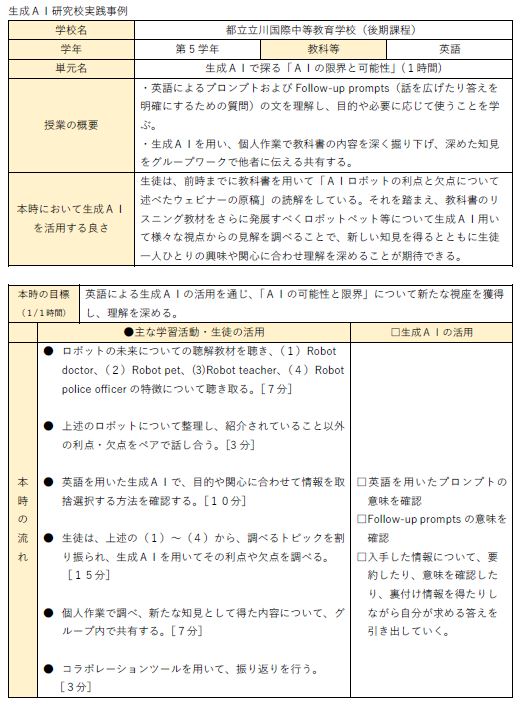 生成AI研究授業指導案（英語）【都立立川国際中等教育学校（後期課程）】
